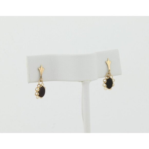 14k Yellow Gold Natural Onyx Flower Earrings Dangle Drop 3/4" x 1/4" - Picture 5 of 6